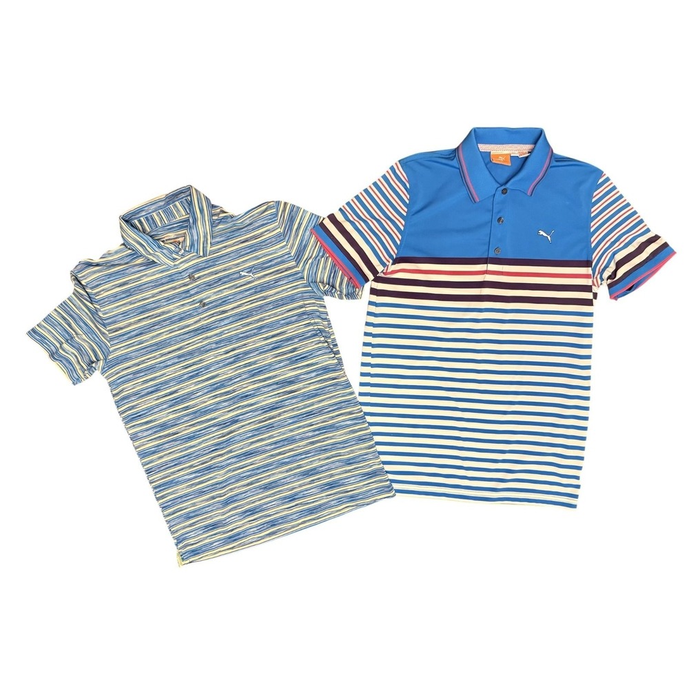 Puma Golf Mens Polo Shirts Striped Performance Dry Cell Blue Small - Picture 2 of 16